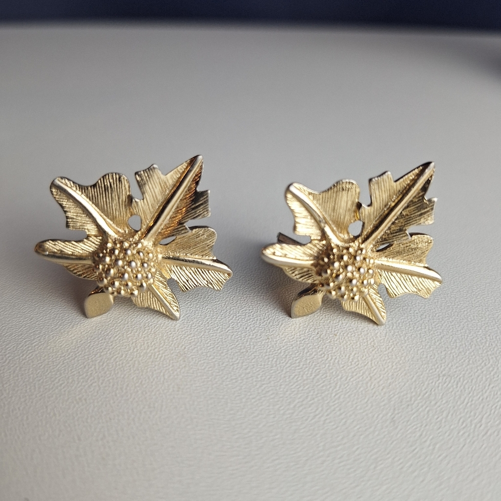 Vintage Pandora Clip On Earrings Floral Leaves Clip On Gold Tone Signed Estate